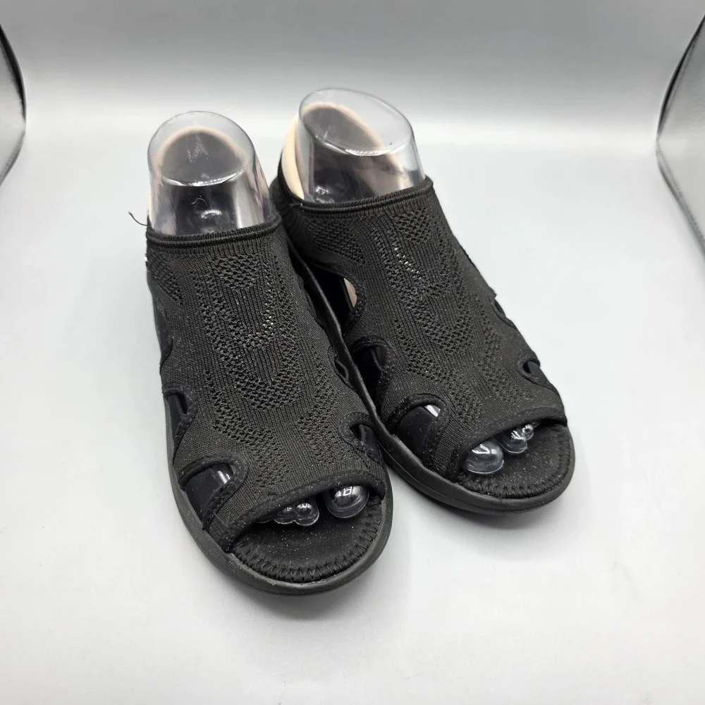 Bzees Resort‎ Sandals Womens 8 WIDE Black Stretch Wedge Heels Open Toe Casual